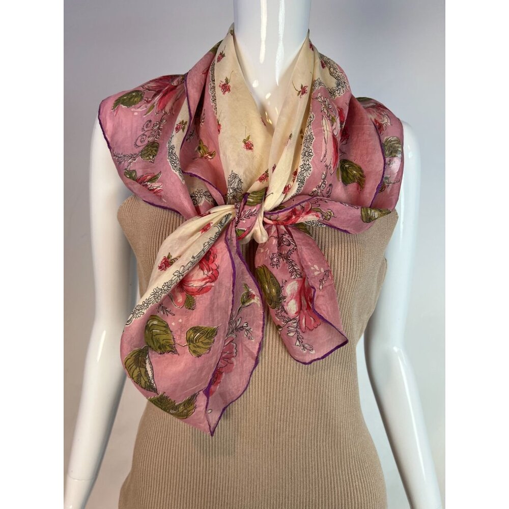 Vintage 60s Floral Handkerchief Scarf Pink & White Delicate Print - Picture 8 of 16